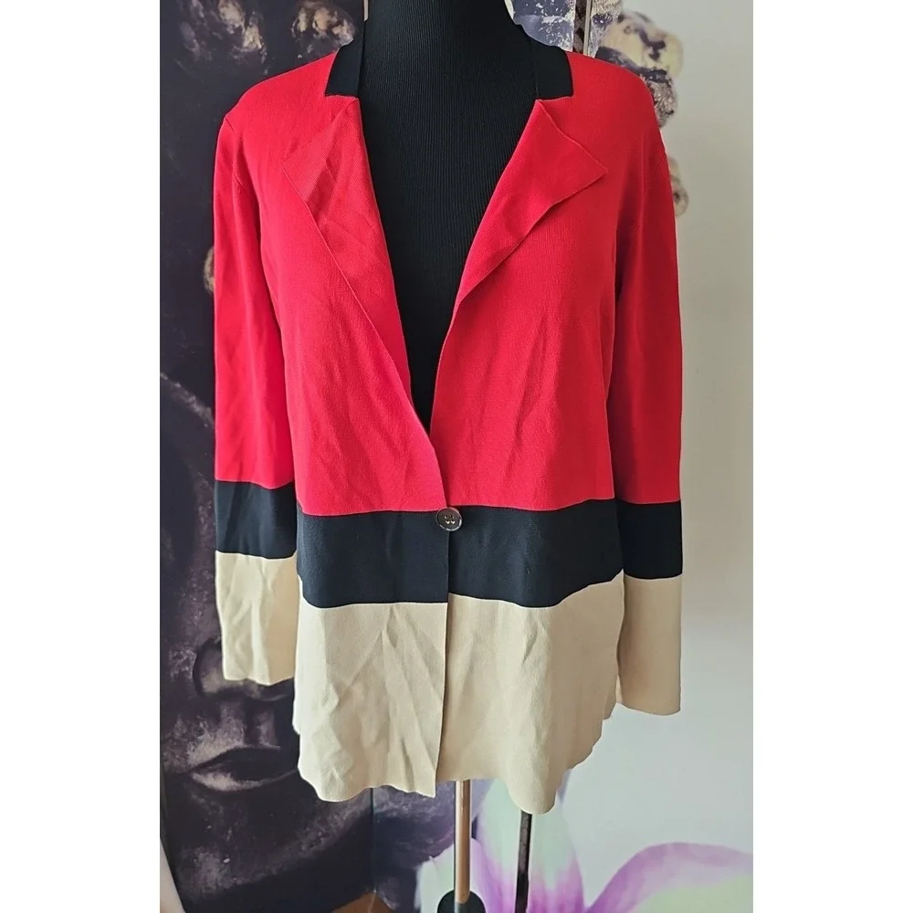 CARLISLE Women's Vintage Red Colorblock 1 Button Rayon Blend Stretch‎ Blazer XL